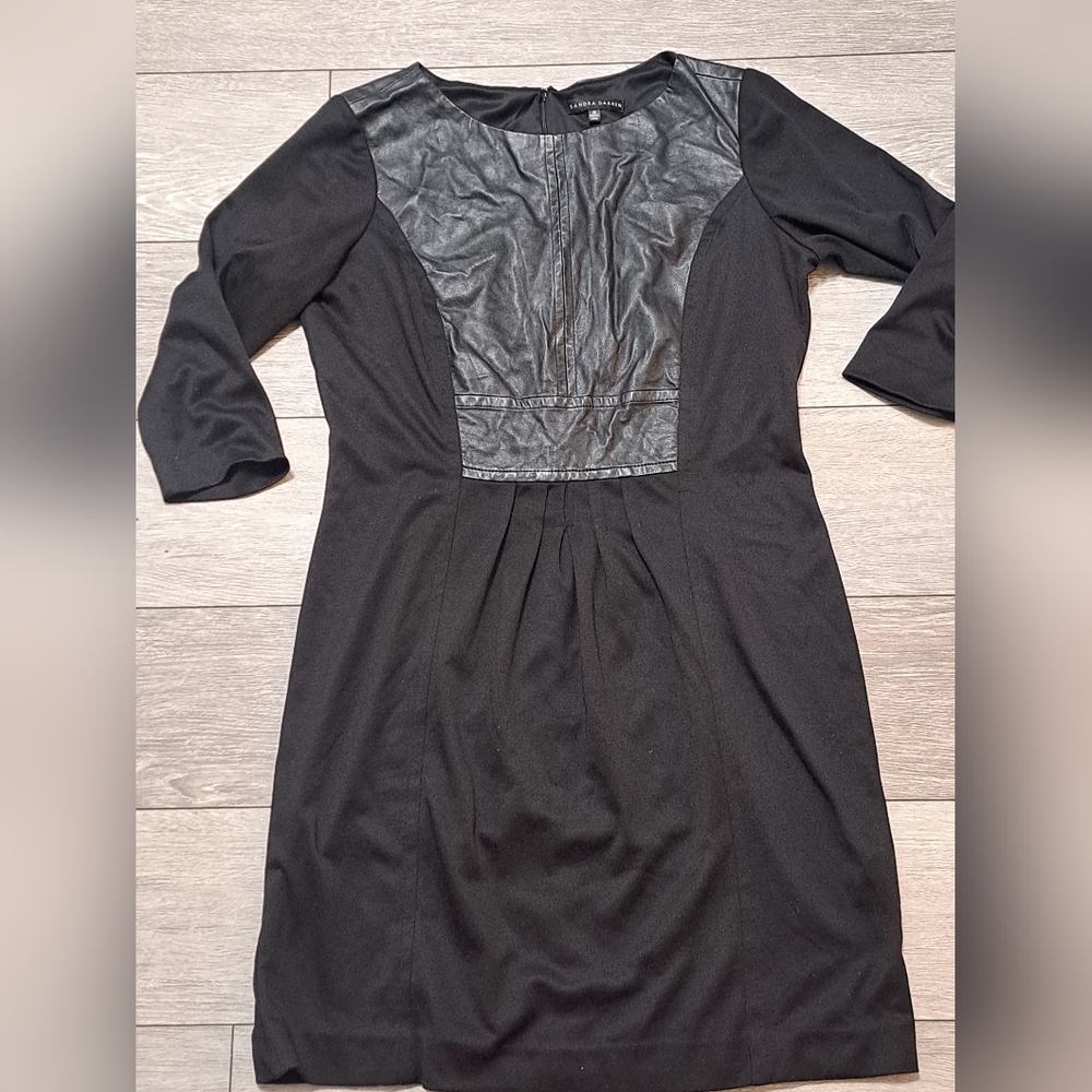 EUC Sandra Darren Elegant Black Faux Leather Panel Dress